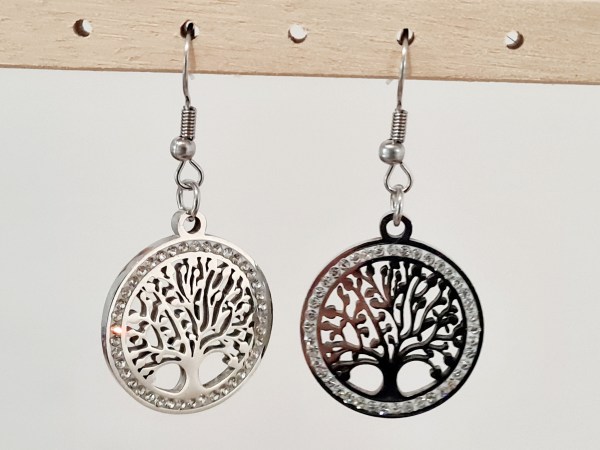 Boucles oreilles arbre de vie argentée strass